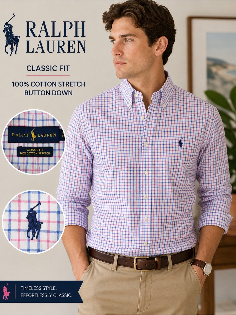 Ralph Lauren Blue Pink Check Button Down Shirt Classic Fit Cotton Stretch Men’s